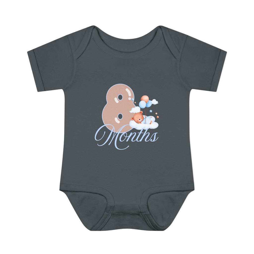Bear & Balloons Milestone | Eight Month Blue | Baby Onesie