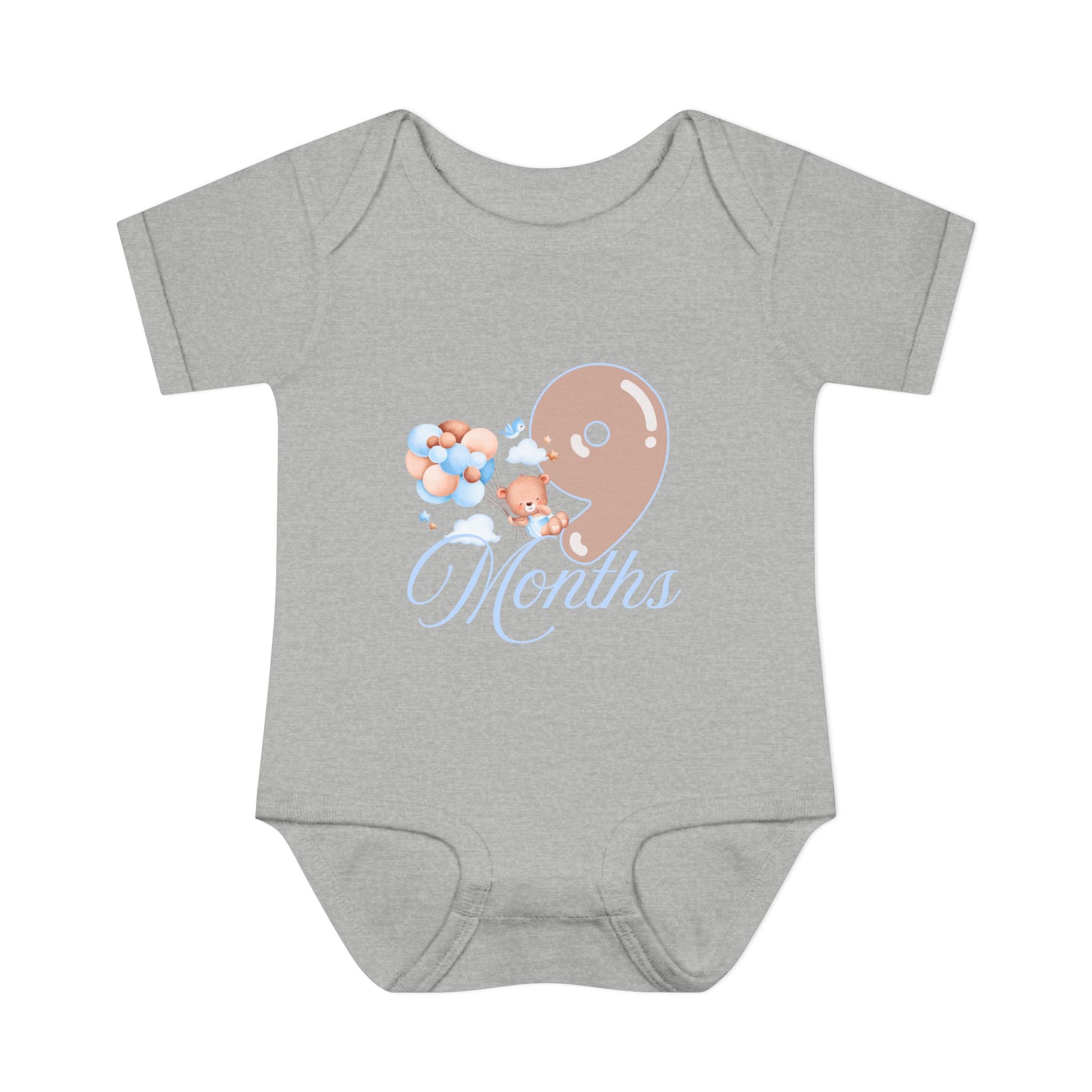 Bear & Balloons Milestone | Nine Month Blue | Baby Onesie