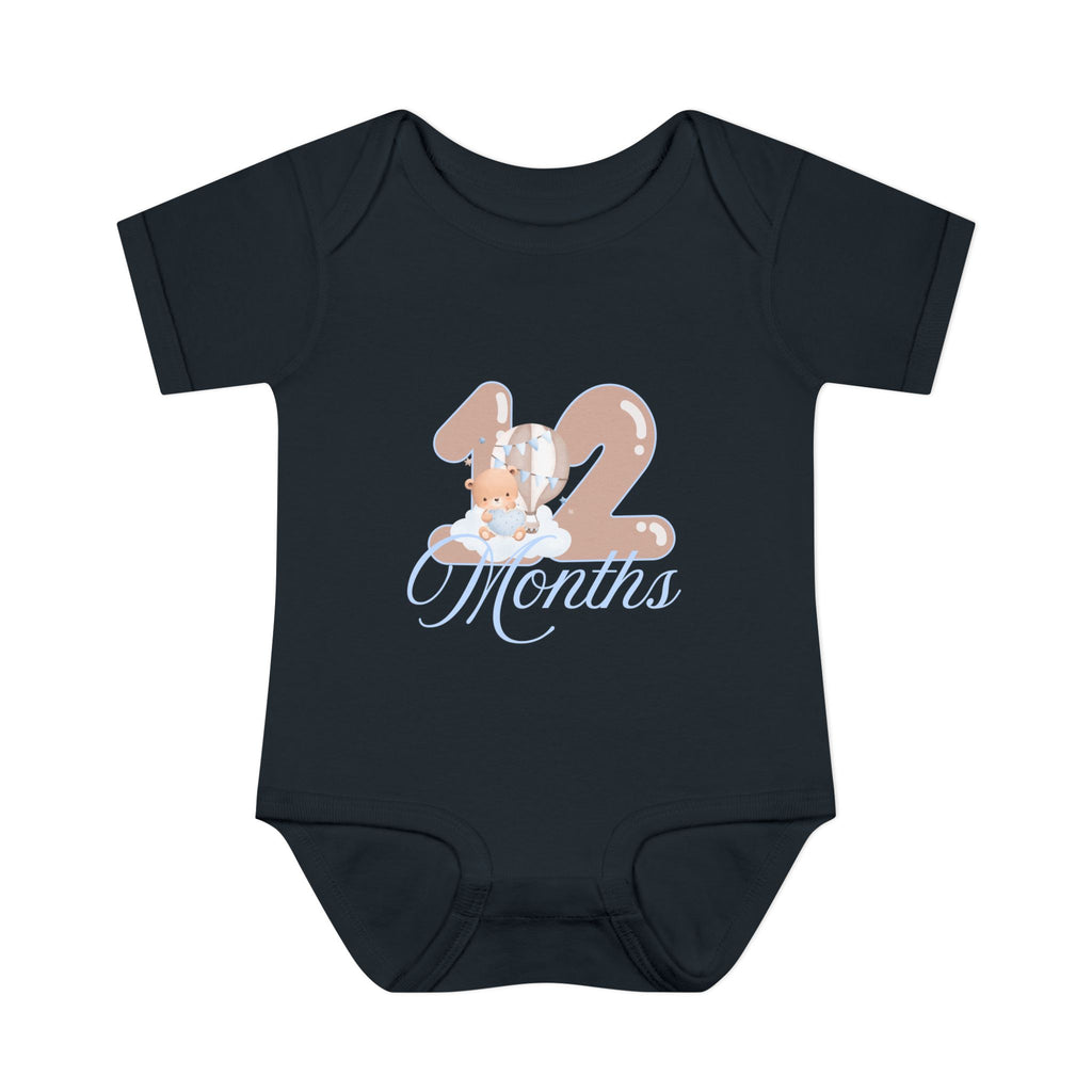 Bear & Balloons Milestone | Twelve Month Blue | Baby Onesie