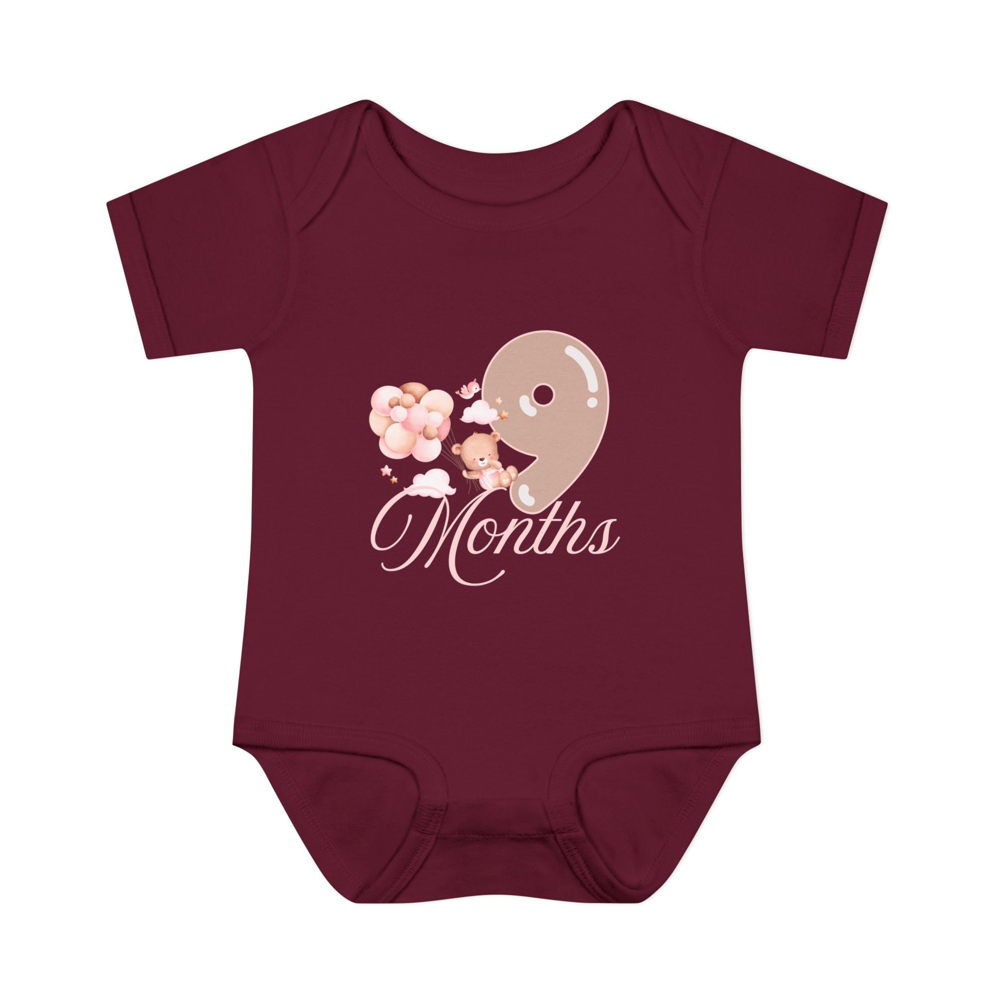 Bear & Balloons Milestone | Nine Month Pink | Baby Onesie