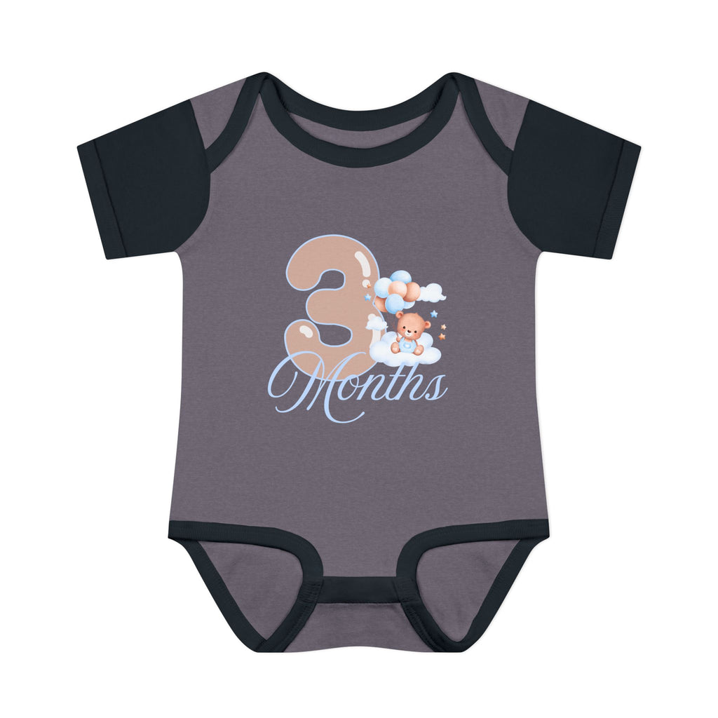 Bear & Balloons Milestone | Three Month Blue | Baby Onesie