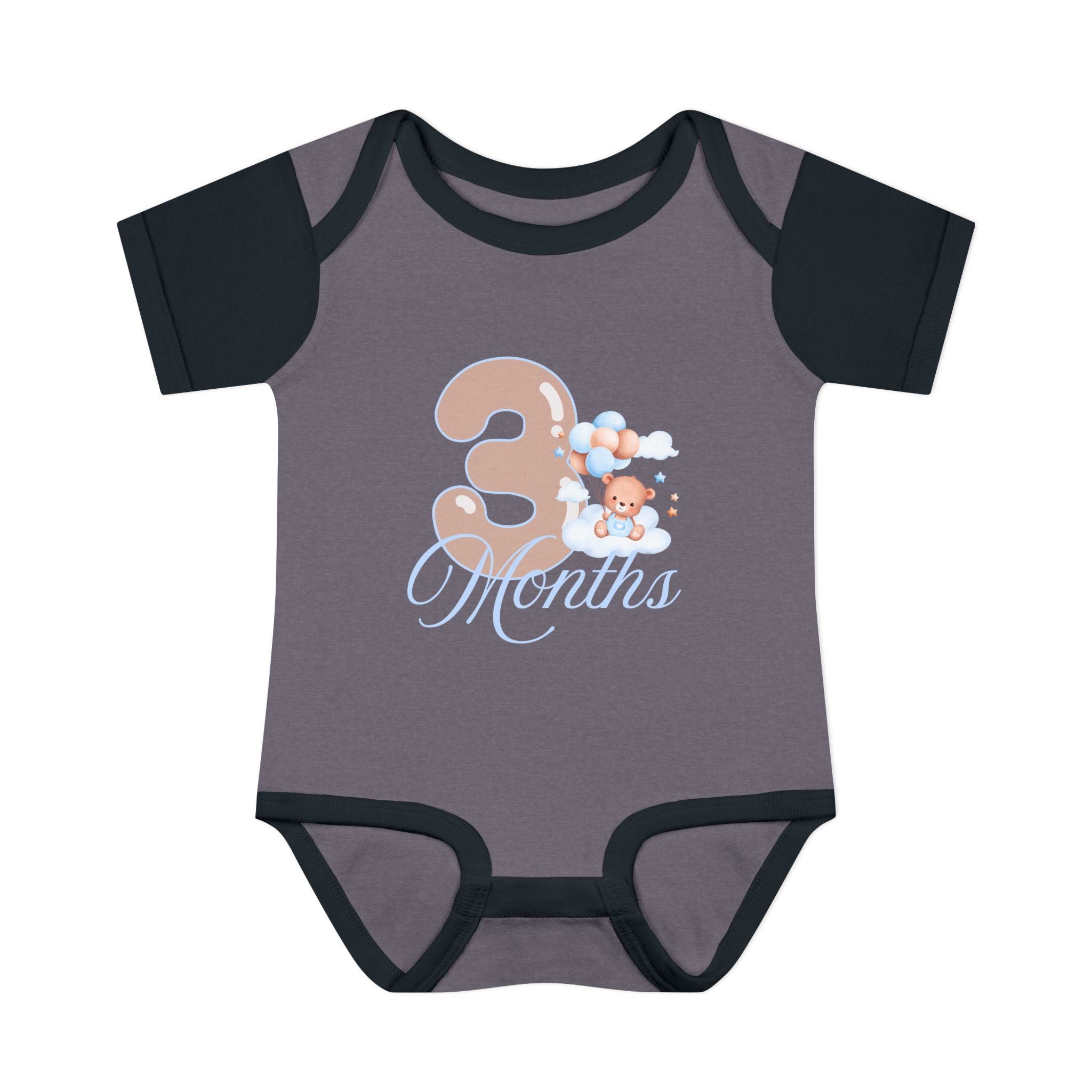 Bear & Balloons Milestone | Three Month Blue | Baby Onesie