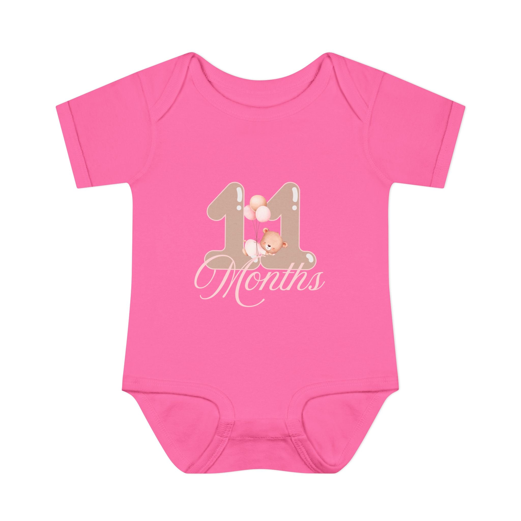 Bear & Balloons Milestone | Eleven Month Pink | Baby Onesie