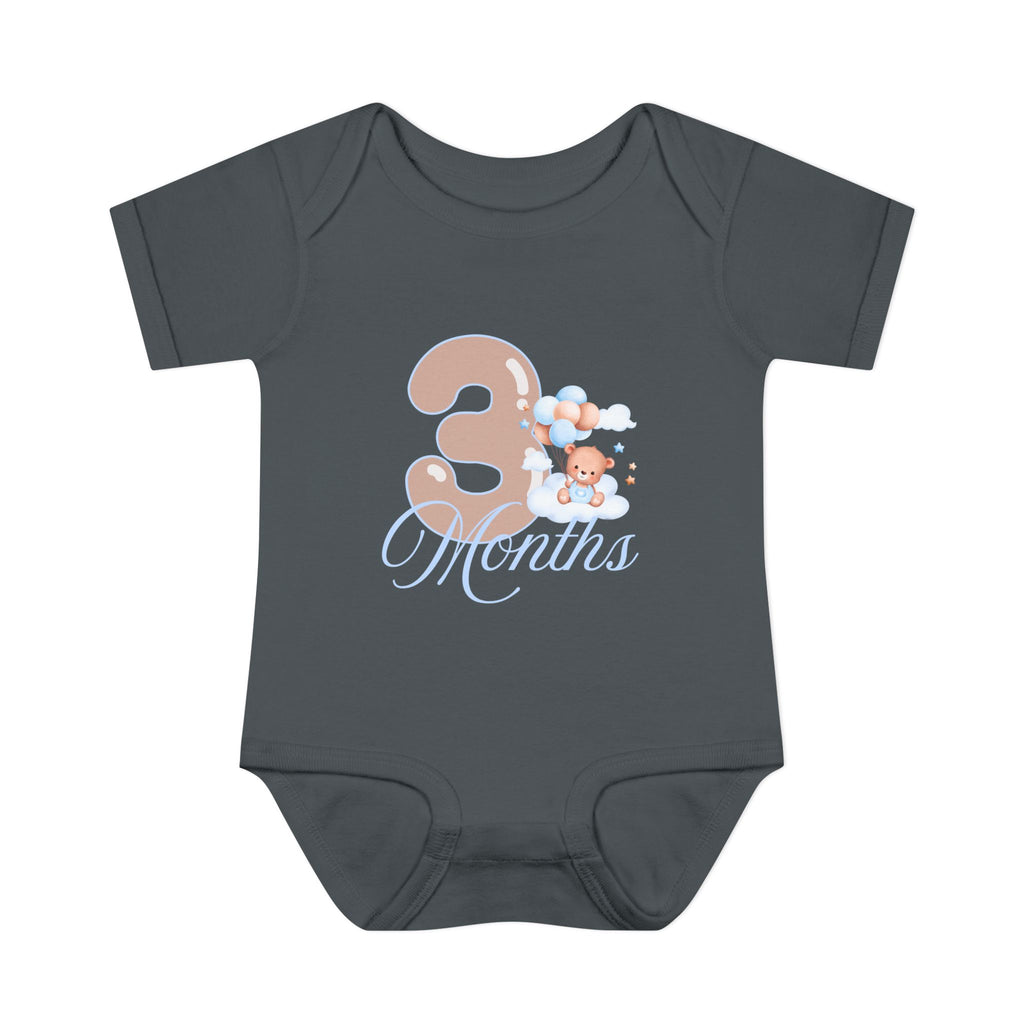 Bear & Balloons Milestone | Three Month Blue | Baby Onesie
